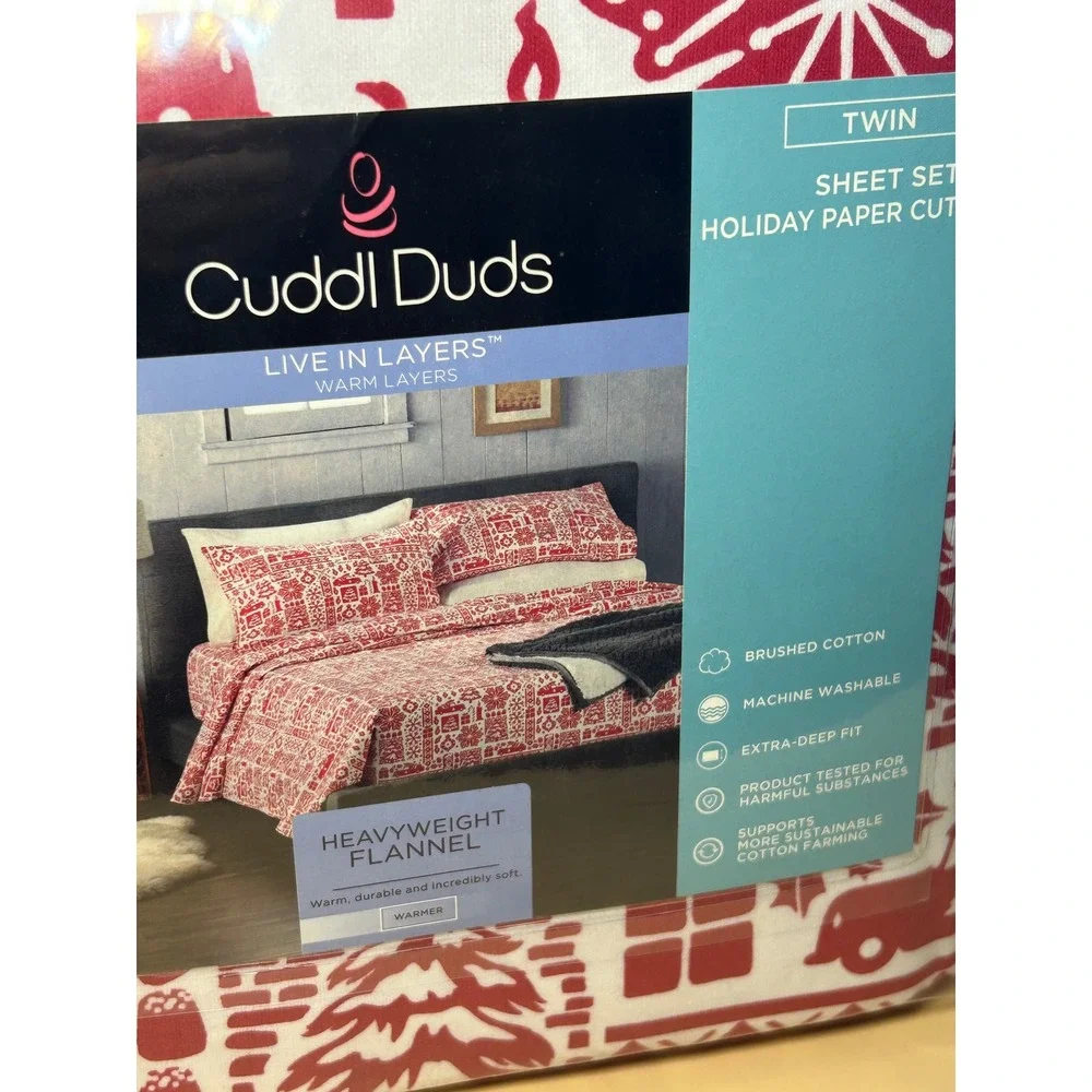 Cuddl Duds Twin Heavyweight Flannel Sheet Set Holiday Paper Cut Red White NEW